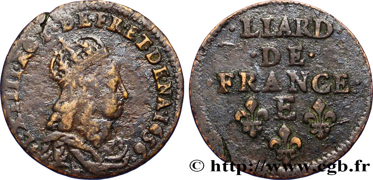 LOUIS XIV LE GRAND OU LE ROI SOLEIL Liard de cuivre, 2e type 1656 Meung-sur-Loire TTB