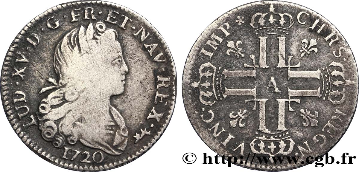 LOUIS XV DIT LE BIEN AIMÉ Louis d’argent à la croix aux huit L couronnées 1720 Paris TB/TB+