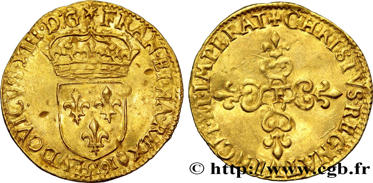LOUIS XIII  Écu d or au soleil, à la croix anillée fleurdelisée 1615 Angers AU
