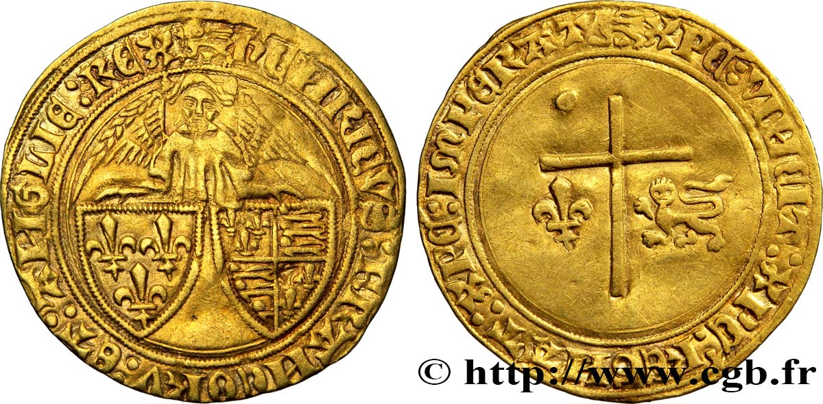 HENRY VI DE LANCASTRE - ROI DE FRANCE (1422-1453) - ROI D ANGLETERRE (1422-1461) et (1470-1471) Angelot d or 24/05/1427 Léopard TTB+/TTB
