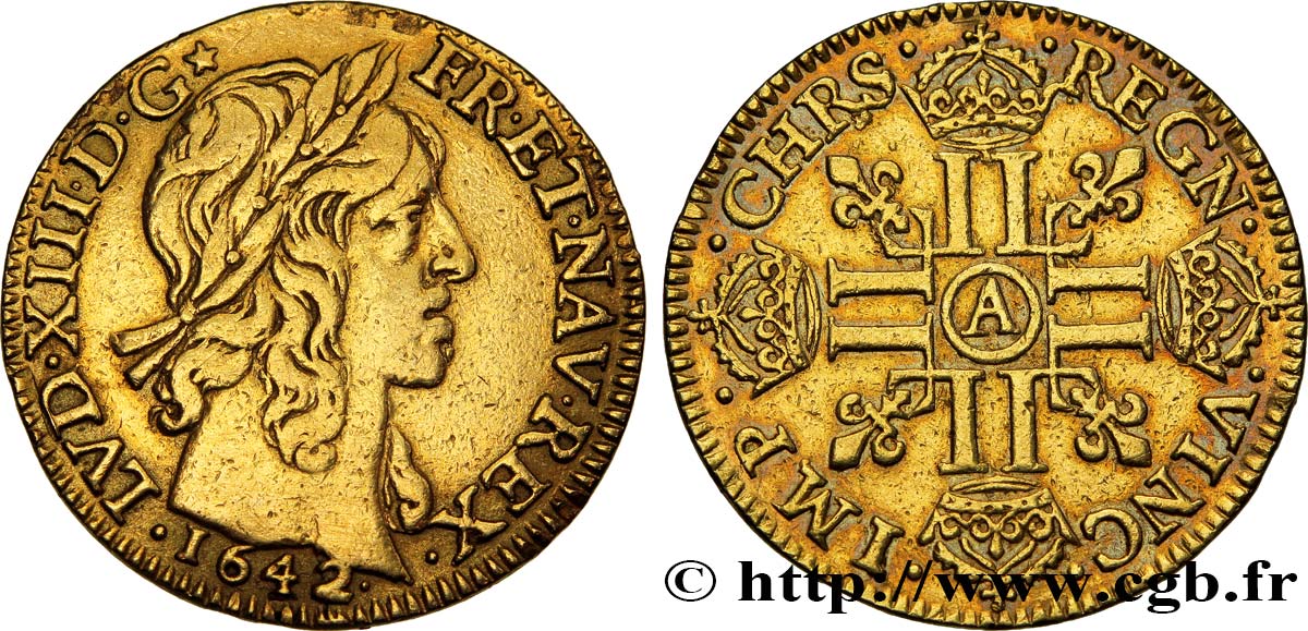 LOUIS XIII LE JUSTE Louis d or à la mèche mi-longue, 2e type 1642 Paris TB+