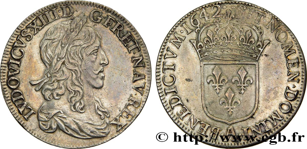 LOUIS XIII LE JUSTE Demi-écu, 2e type, 1er poinçon de Warin 1642 Paris, Monnaie du Louvre SUP/TTB+