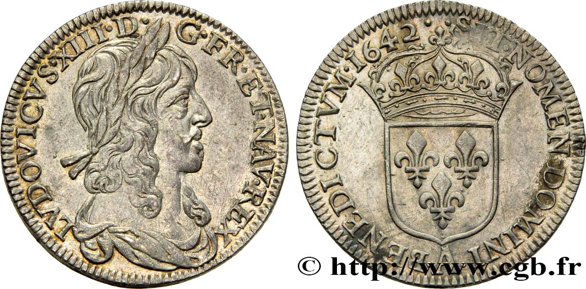 LOUIS XIII LE JUSTE Quart d écu d argent, 3e type, 1er poinçon de Warin 1642 Paris SUP/TTB+