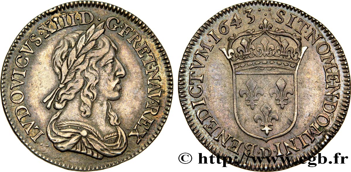 LOUIS XIII LE JUSTE Quart d écu d argent, 3e type, 2e poinçon de Warin 1643 Lyon TTB/SUP