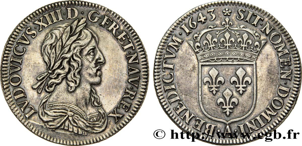 LOUIS XIII LE JUSTE Quart d écu d argent, 3e type, 2e poinçon de Warin 1643 Paris, Monnaie de Matignon TTB+/SUP