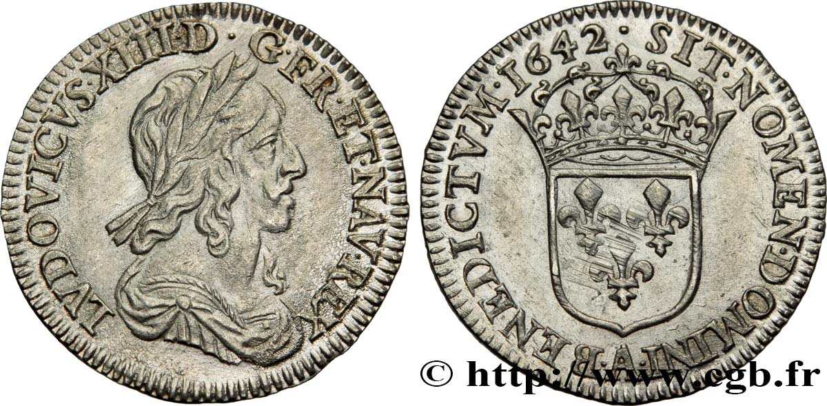 LOUIS XIII LE JUSTE Douzième d écu, 3e type, 2e poinçon de Warin 1642 Paris, Monnaie de Matignon SUP/SPL
