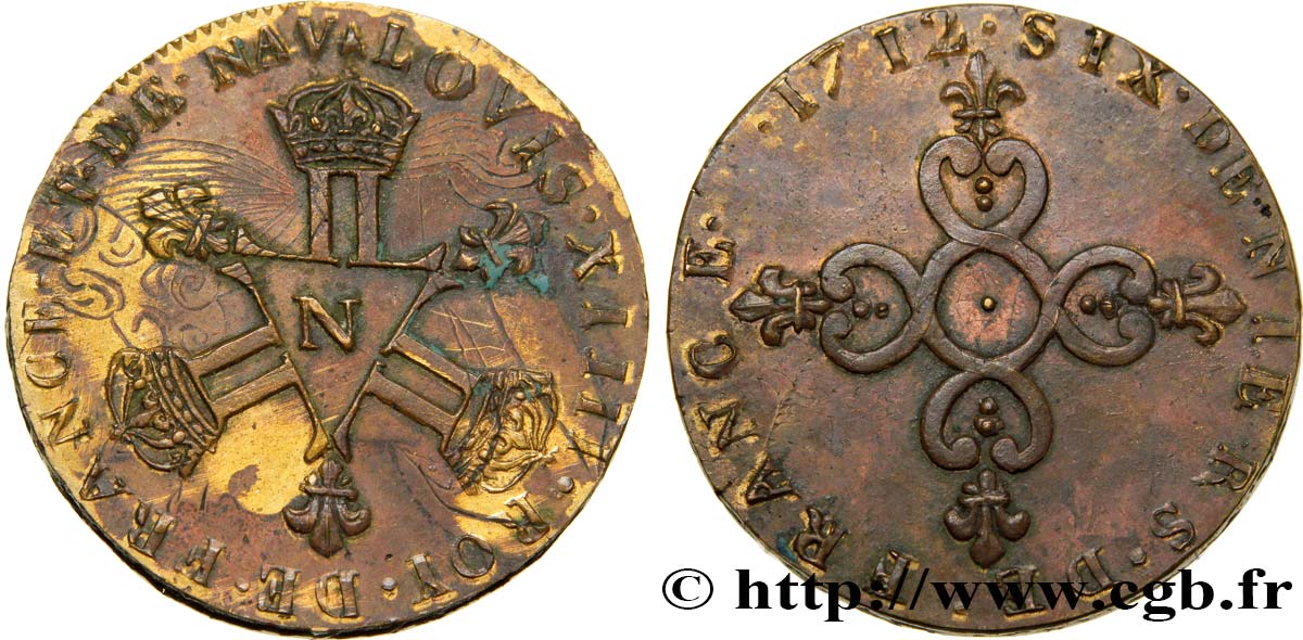 LOUIS XIV  THE SUN KING  Six deniers dits  Dardennes , surfrappé, refrappe 1712 Montpellier fVZ