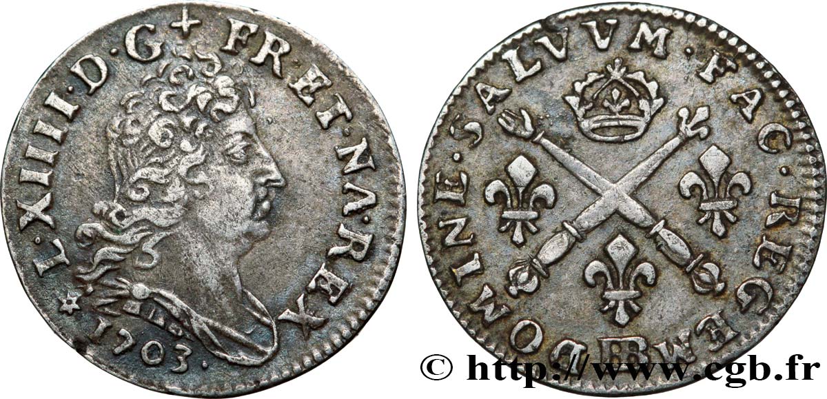 LOUIS XIV LE GRAND OU LE ROI SOLEIL Cinq sols aux insignes 1703 Strasbourg TTB