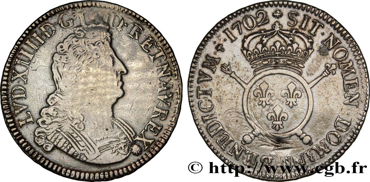 LOUIS XIV  THE SUN KING  Écu aux insignes 1702 Paris S/SS