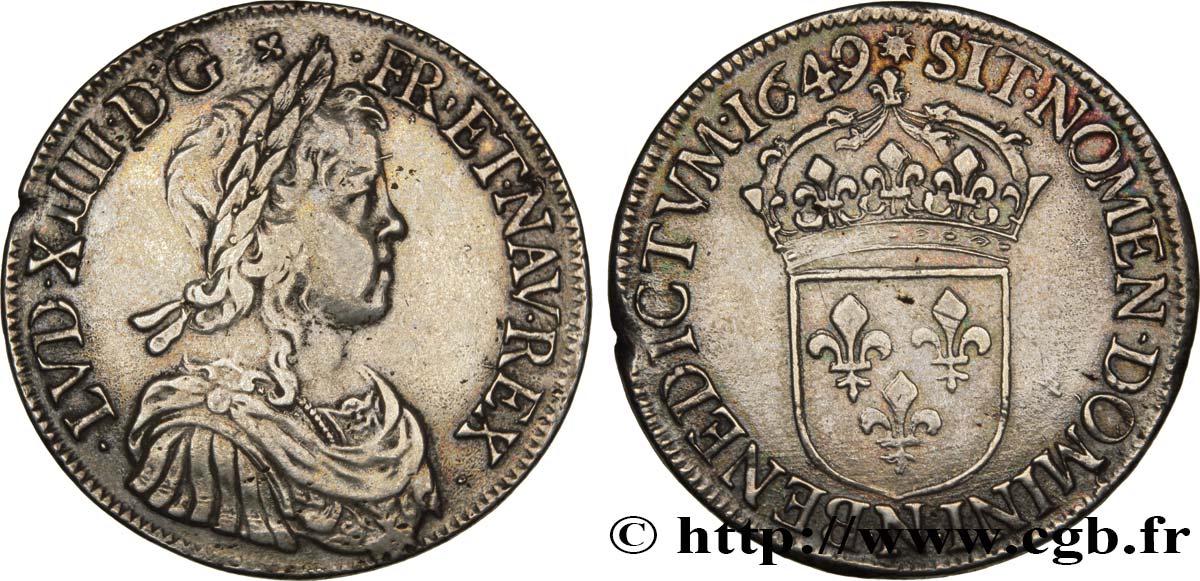 LOUIS XIV LE GRAND OU LE ROI SOLEIL Écu, portrait à la mèche longue 1649 Montpellier TTB