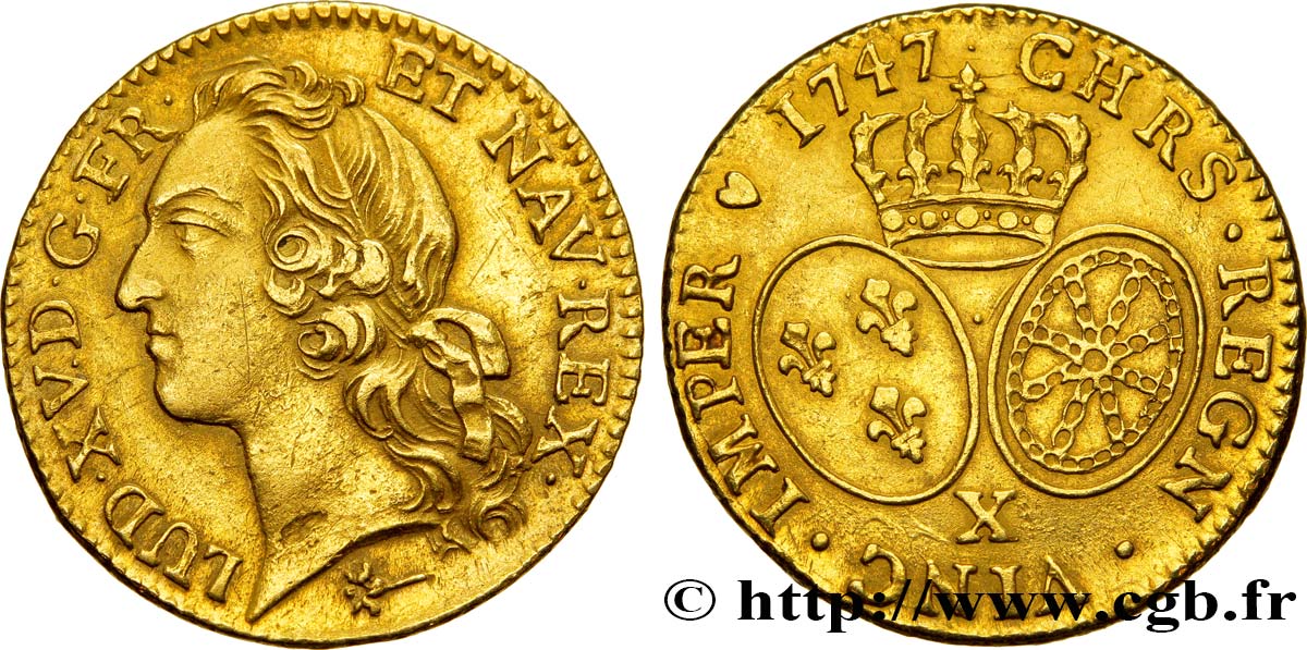 LOUIS XV  THE WELL-BELOVED  Louis d’or aux écus ovales, tête ceinte d’un bandeau 1747 Amiens q.SPL