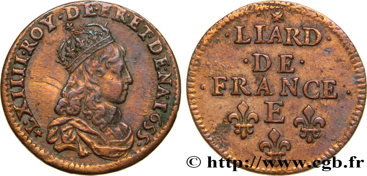 LOUIS XIV LE GRAND OU LE ROI SOLEIL Liard de cuivre, 2e type 1655 Meung-sur-Loire TTB+