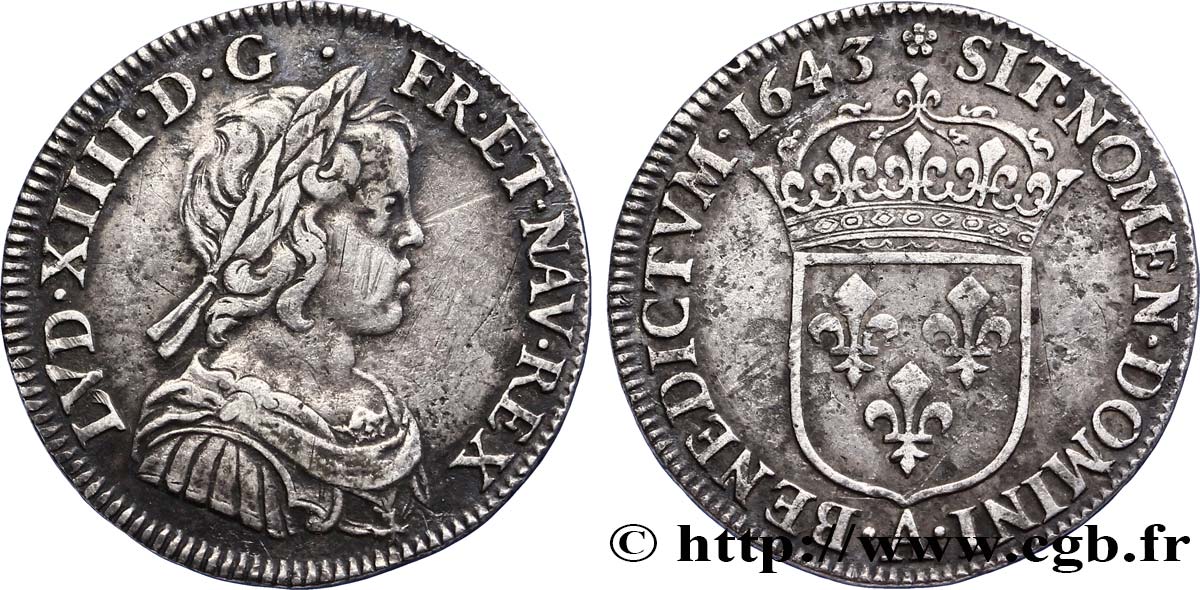 LOUIS XIV  THE SUN KING  Quart d écu, portrait à la mèche courte 1643 Paris, Monnaie de Matignon SPL