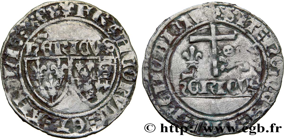 HENRY VI DE LANCASTRE - ROI DE FRANCE (1422-1453) - ROI D ANGLETERRE (1422-1461) et (1470-1471) Blanc aux écus n.d. Saint-Lô TTB