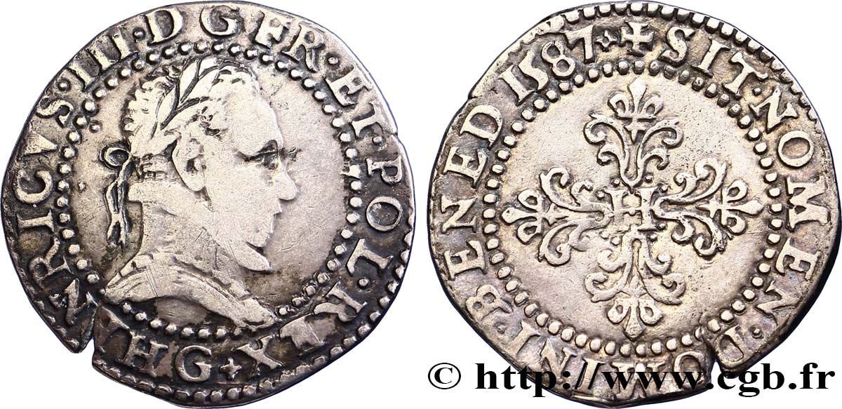 HENRI III Demi-franc au col plat 1587 Poitiers TB+/TTB