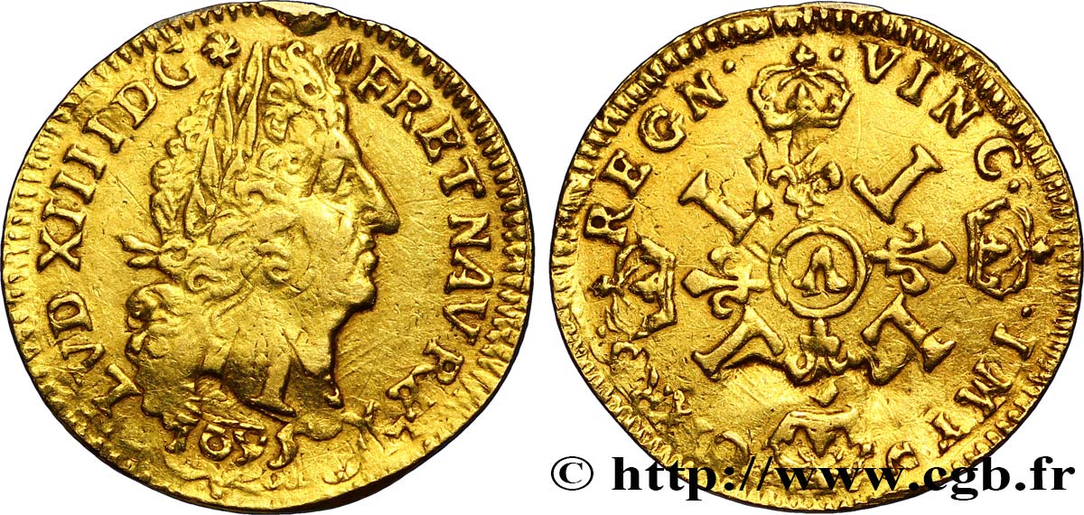 LOUIS XIV  THE SUN KING  Demi-louis d or aux quatre L 1695 Troyes BC+
