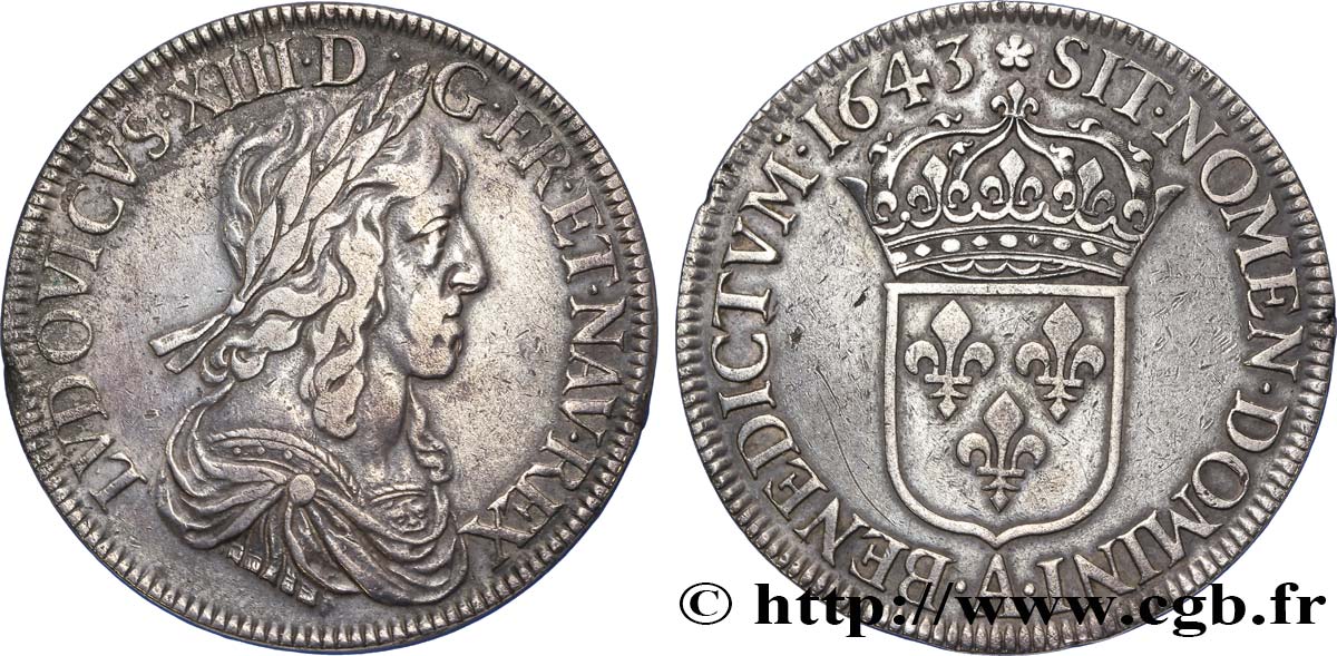 LOUIS XIII  Écu, buste drapé et cuirassé (2e buste de Jean Warin) 1643 Paris, Monnaie de Matignon XF/AU