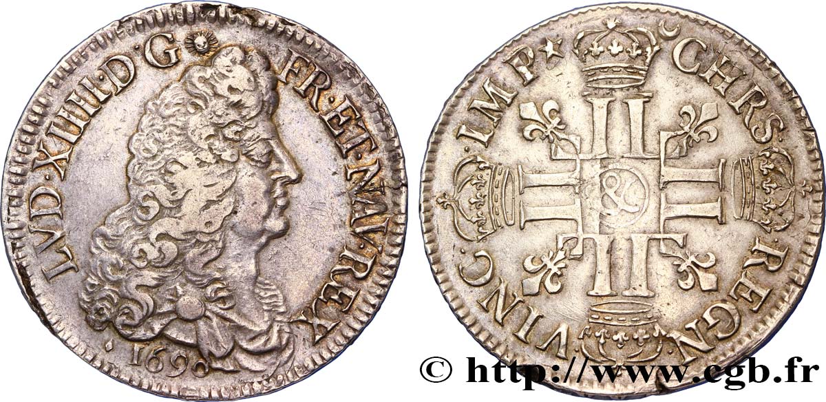 LOUIS XIV  THE SUN KING  Écu aux huit L, 1er type 1690 Aix-en-Provence q.SPL