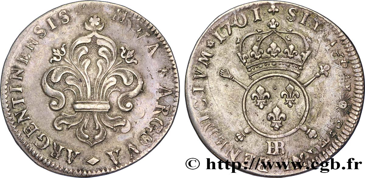 LOUIS XIV  THE SUN KING  Pièce de trente-quatre sols et demi aux insignes 1701 Strasbourg BB