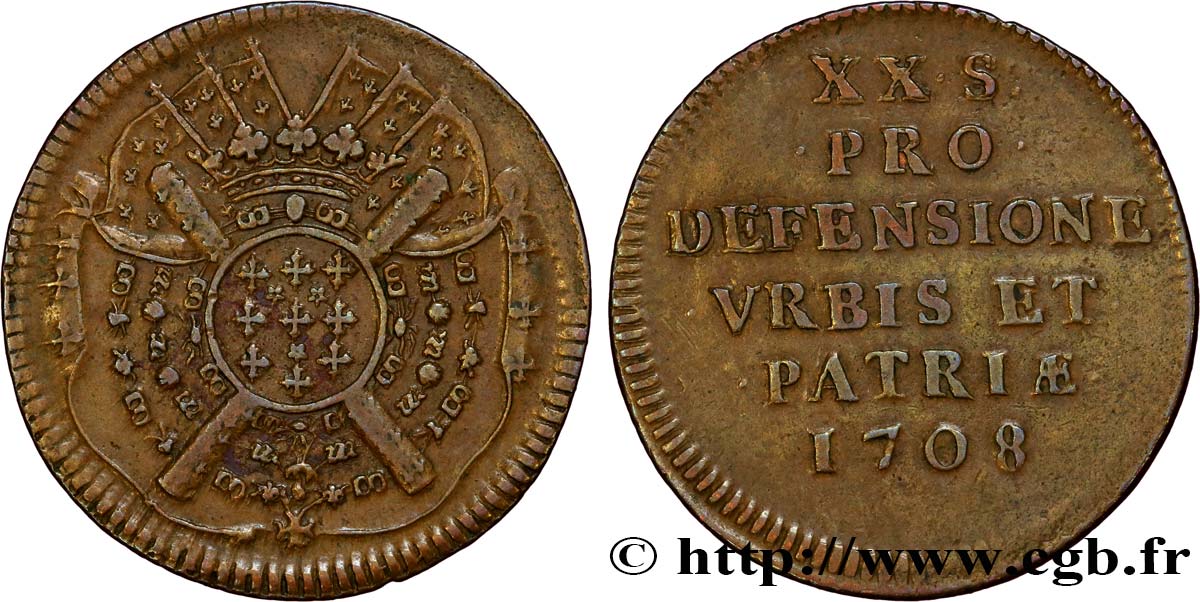 FLANDRE - SIÈGE DE LILLE Vingt sols, monnaie obsidionale 1708 Lille TTB