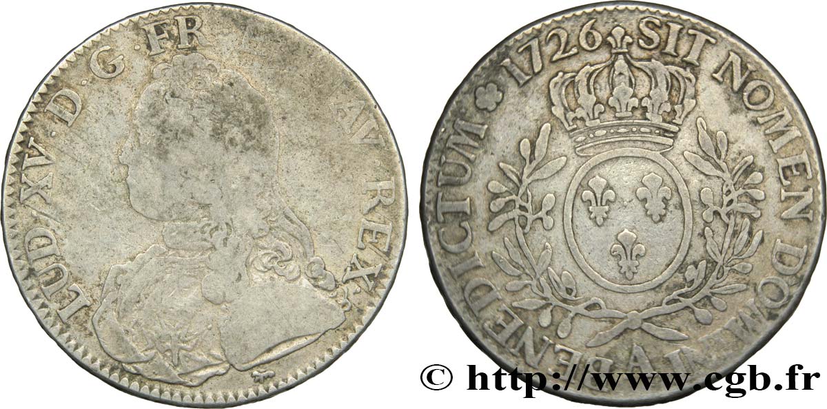 LOUIS XV DIT LE BIEN AIMÉ Écu aux branches d olivier, buste habillé 1726 Paris B/B+