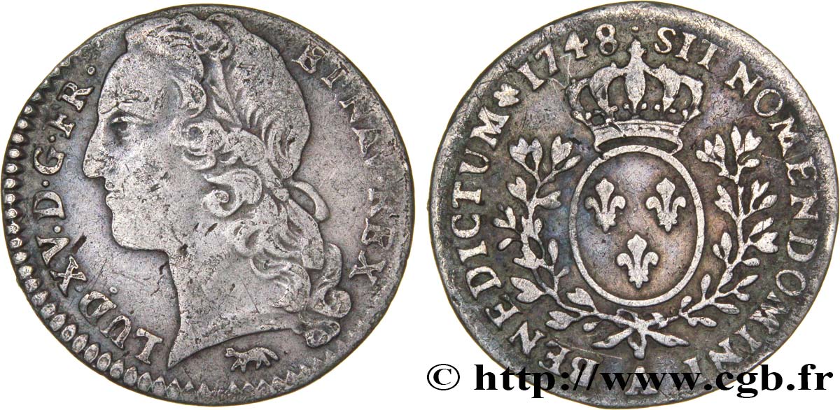 LOUIS XV DIT LE BIEN AIMÉ Dixième d écu aux branches d’olivier, tête ceinte d’un bandeau 1748 Paris TB/TTB