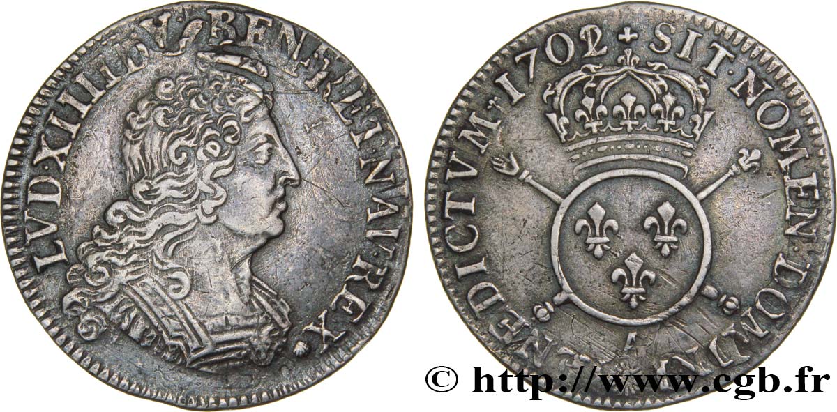 LOUIS XIV  THE SUN KING  Quart d écu aux insignes 1702 Paris fVZ