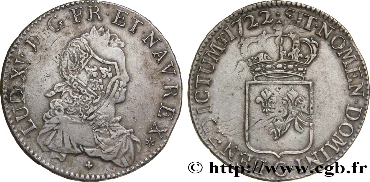 LOUIS XV DIT LE BIEN AIMÉ Écu de France 1722 Caen TB+/TTB