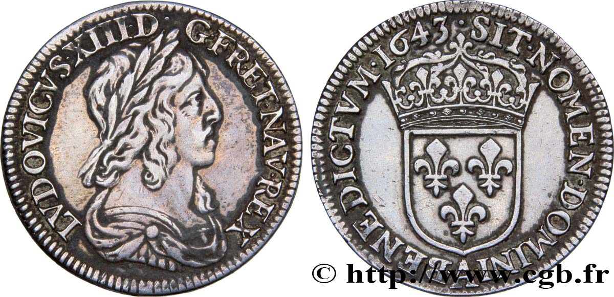 LOUIS XIII LE JUSTE Quart d écu, buste drapé et cuirassé (2e buste de Jean Warin) 1643 Paris, Monnaie du Louvre TTB/TTB+