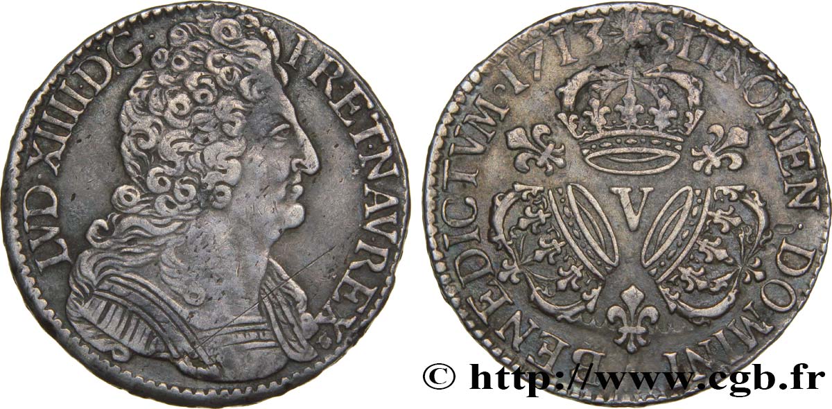 LOUIS XIV LE GRAND OU LE ROI SOLEIL Demi-écu aux trois couronnes 1713 Troyes TTB+/TTB