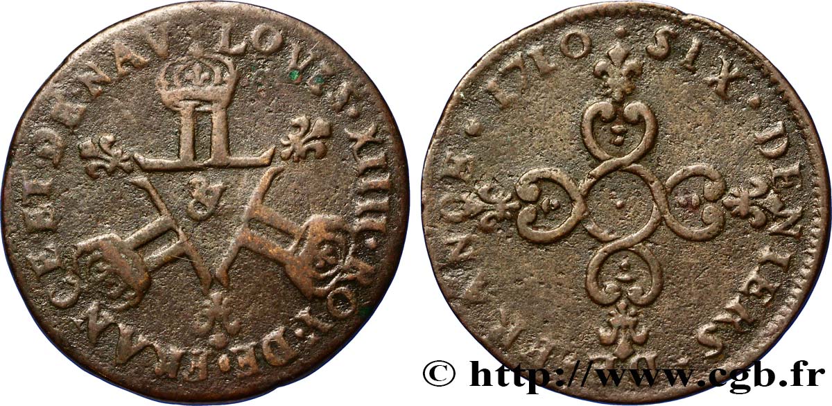 LOUIS XIV LE GRAND OU LE ROI SOLEIL Six deniers dits  Dardenne  1710 Aix-en-Provence TB
