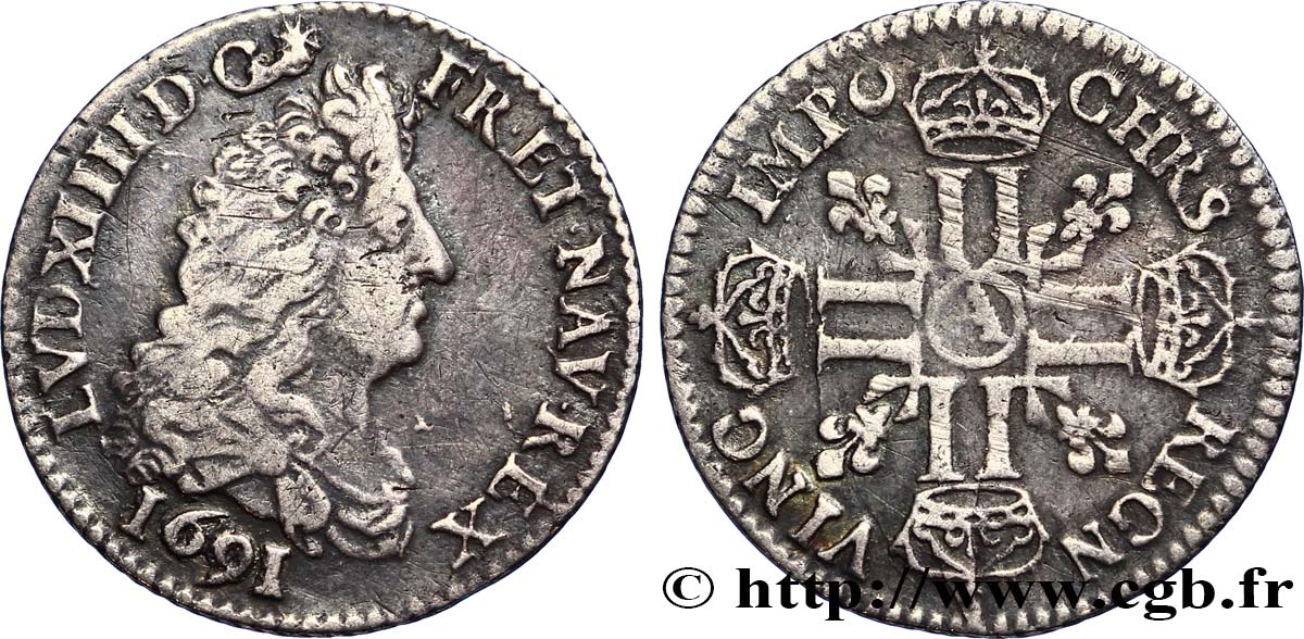 LOUIS XIV LE GRAND OU LE ROI SOLEIL Douzième d écu aux huit L, 1er type 1691 Paris TB+