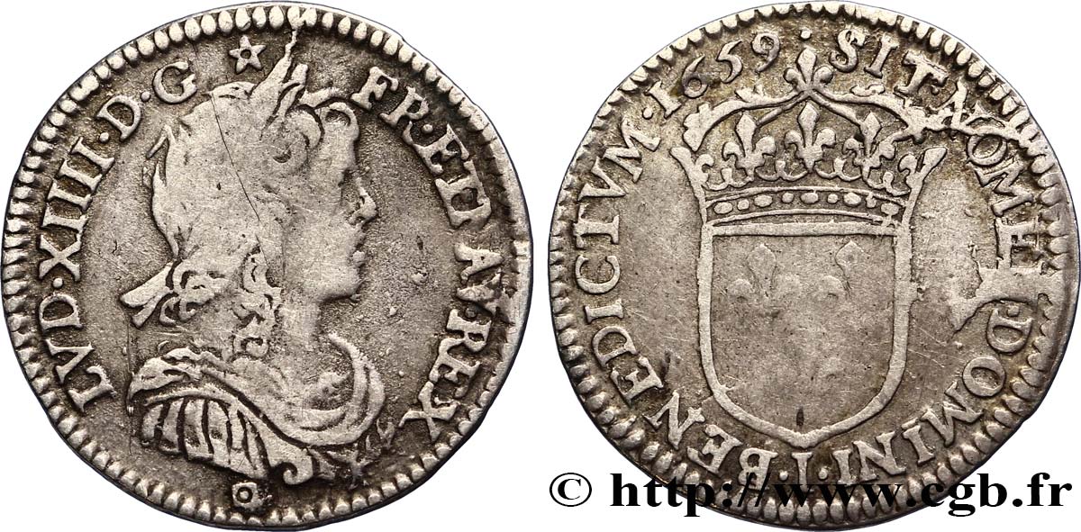 LOUIS XIV  THE SUN KING  Douzième d écu, portrait à la mèche longue 1659 Limoges BC+