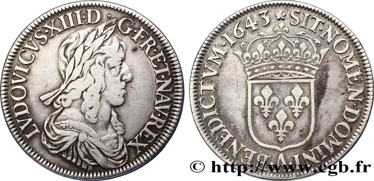 LOUIS XIII LE JUSTE Écu d argent, 3e type, 2e poinçon de Warin 1643 Paris, Monnaie du Louvre TB+/TTB