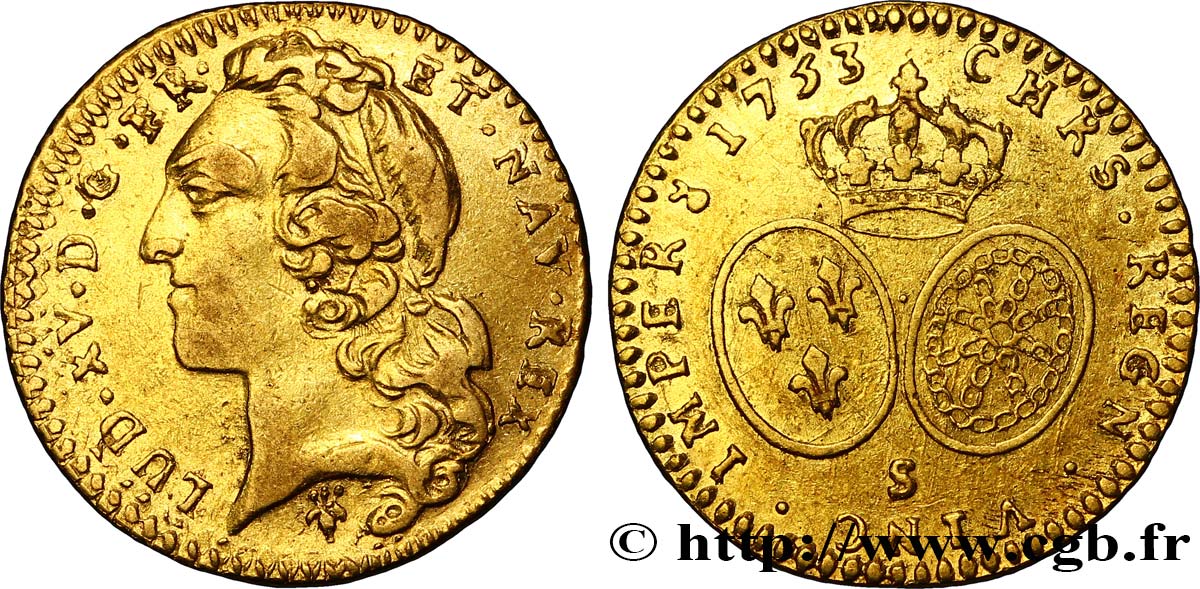 LOUIS XV DIT LE BIEN AIMÉ Demi-louis d’or aux écus ovales, tête ceinte d’un bandeau 1753 Reims TB+/TTB
