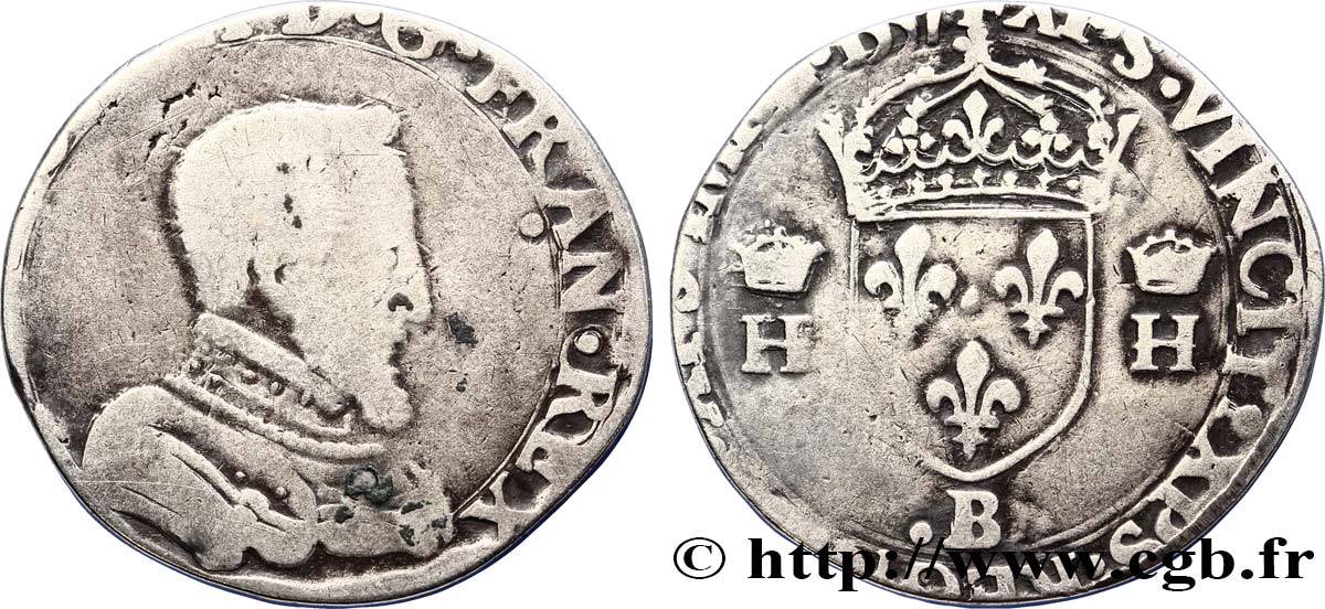 HENRY II Teston à la tête nue, 1er type 1557 Rouen RC/BC