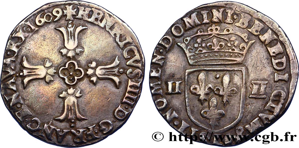 HENRI IV LE GRAND Quart d écu, croix feuillue de face 1609 Bayonne TTB