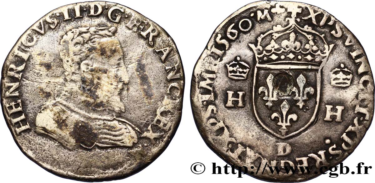 FRANCIS II. COINAGE AT THE NAME OF HENRY II Teston à la tête nue, 1er type 1560 Lyon BC+/MBC