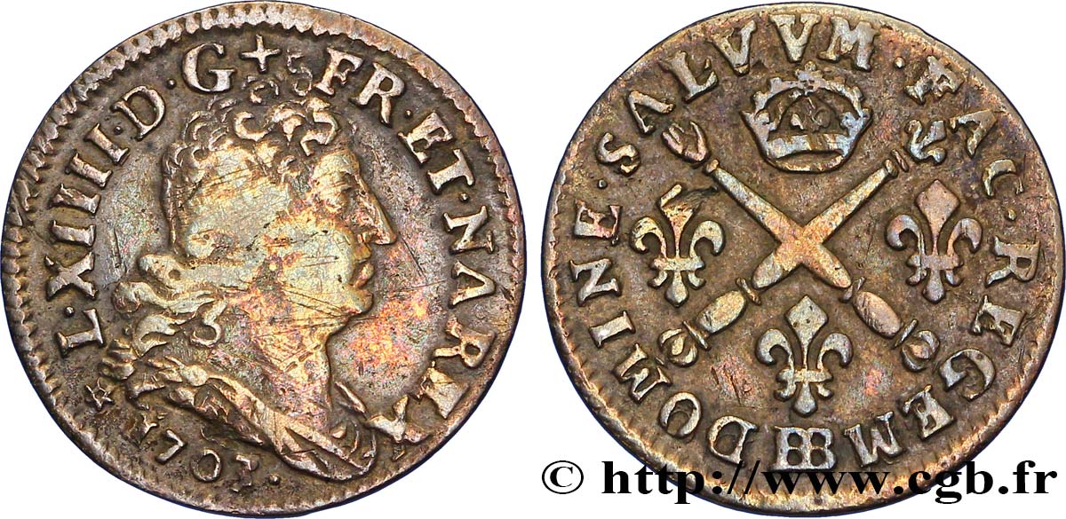 LOUIS XIV LE GRAND OU LE ROI SOLEIL Cinq sols aux insignes 1703 Strasbourg TB+/TTB