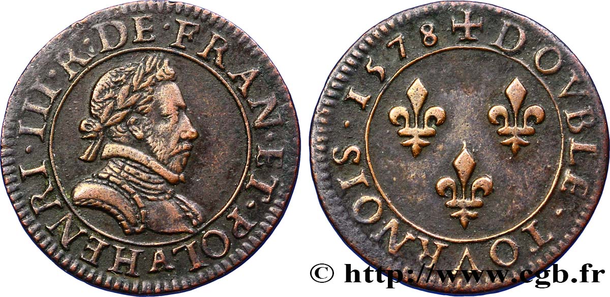 HENRI III Double tournois, 1er type de Paris 1578 Paris, Moulin des Étuves TTB+