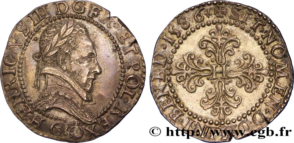 THE LEAGUE. COINAGE IN THE NAME OF HENRY III Demi-franc au col plat 1586 (1591-1592) Poitiers AU/AU