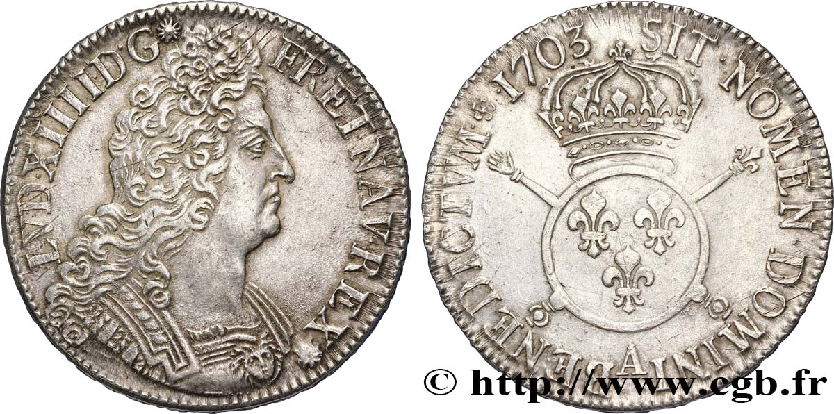 LOUIS XIV  THE SUN KING  Écu aux insignes 1703 Paris SPL/MS