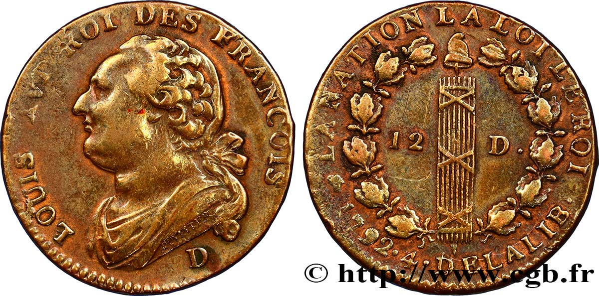 LOUIS XVI (MONARQUE CONSTITUTIONNEL)  12 deniers dit &nbsp;au faisceau&nbsp;, type FRANCOIS 1792 Lyon TTB
