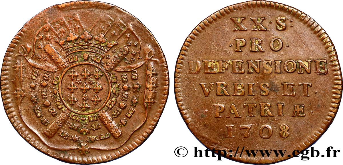 FLANDRE - SIÈGE DE LILLE Vingt sols, monnaie obsidionale 1708 Lille VF/XF