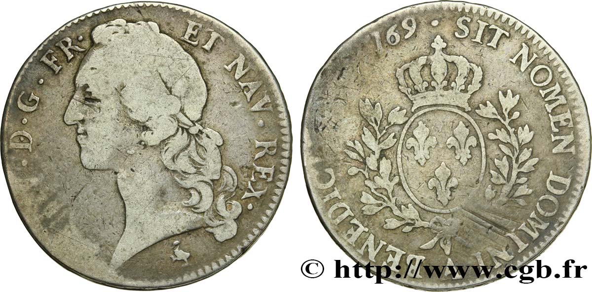 LOUIS XV DIT LE BIEN AIMÉ Écu aux branches d’olivier, tête ceinte d’un bandeau 1769 Paris TB