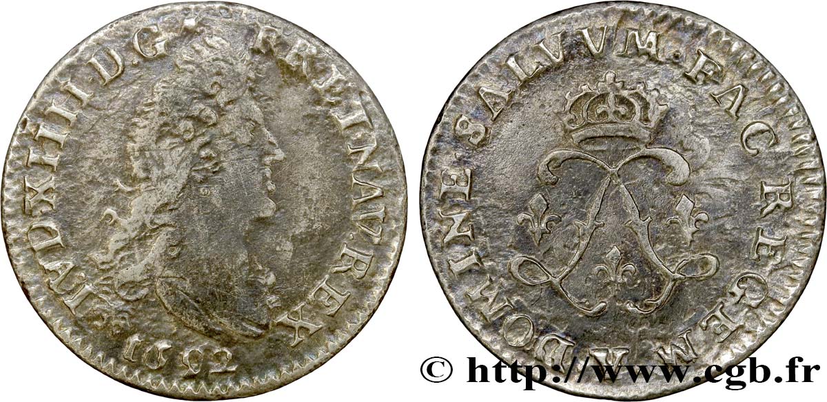 LOUIS XIV &nbsp;THE SUN KING&nbsp; Quatre sols aux deux L 1692 Bourges VF