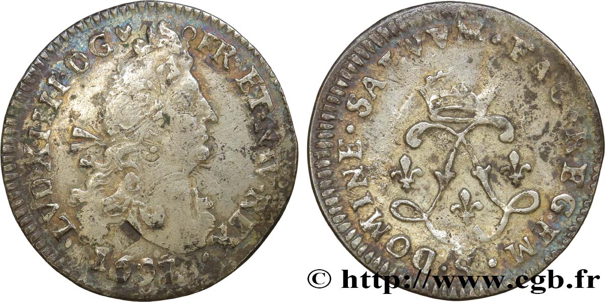 LOUIS XIV LE GRAND OU LE ROI SOLEIL Quatre sols aux deux L 1691 Troyes TB+
