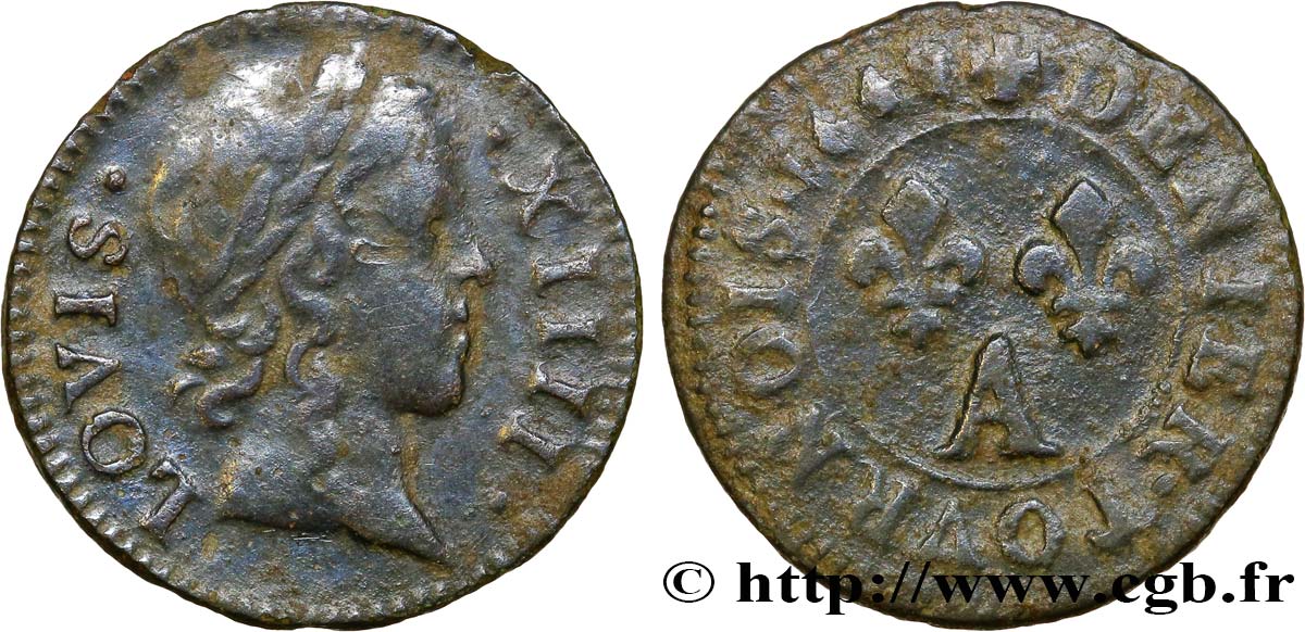 LOUIS XIV LE GRAND OU LE ROI SOLEIL Denier tournois 1649 Paris, Moulin du Louvre TB