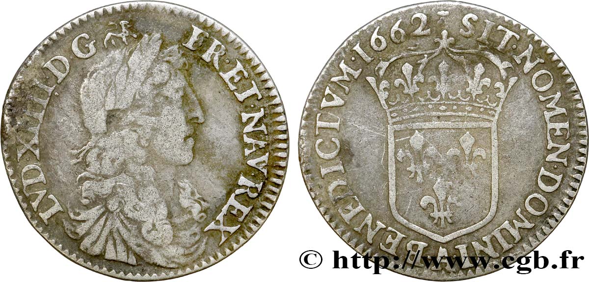 LOUIS XIV LE GRAND OU LE ROI SOLEIL Douzième d&nbsp;écu, portrait apollinien 1662 Paris TB+