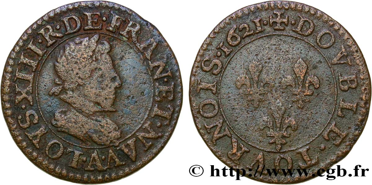 LOUIS XIII LE JUSTE Double tournois, type 2 de Paris 1621 Paris TB